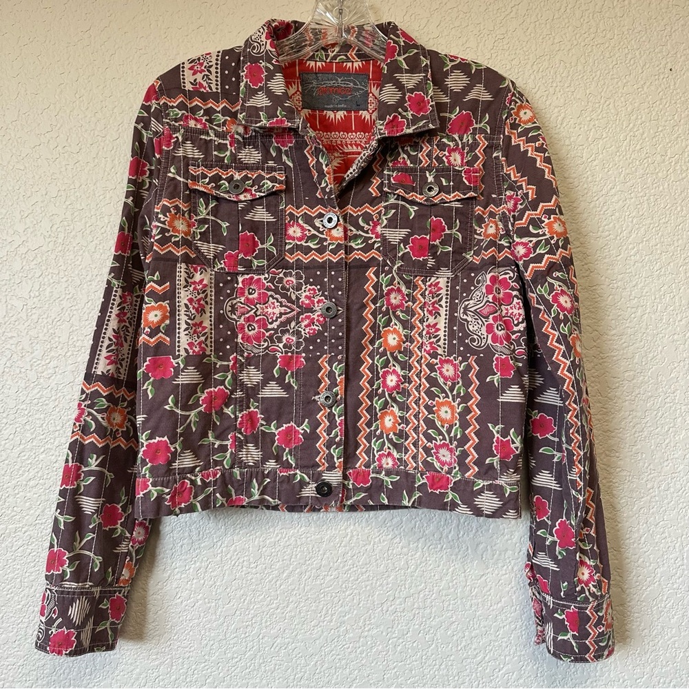 GRAMICCI Jaime Arizona Orange Aztec Printed Cropped Button Up Jacket size Small